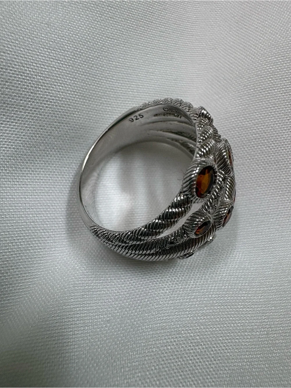 Judith Ripka Silver Multi-Band Ring with Deep Red Stones